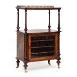 A Victorian burr walnut and marquetry music cabinet, rectangular top with three quarter brass