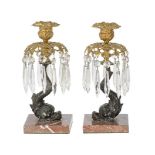 A pair of Regency bronze and gilt metal table lustres, c.1820, on dolphin stems and and square