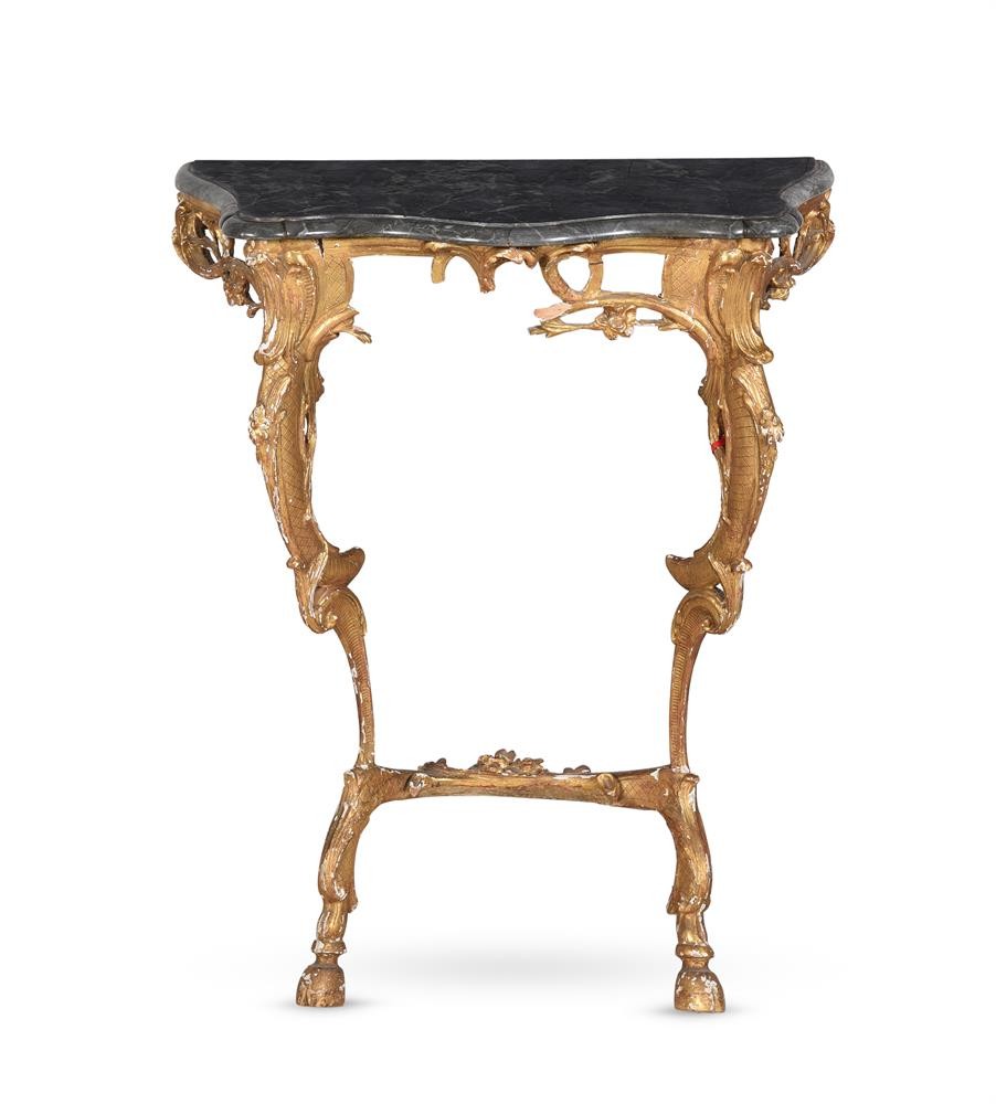 A mid 18th century giltwood and marble topped console table, 80cm high, 66cm wide, 34cm deep