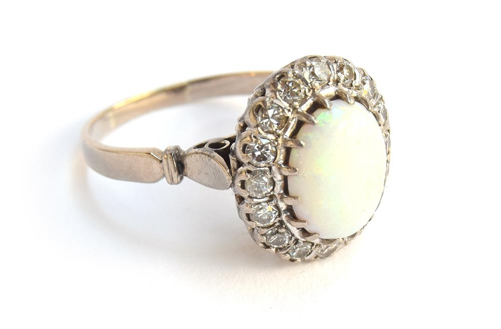 A diamond and opal cabochon ring mounted in white metal, size W, approx. 7g - Image 2 of 3