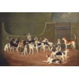 An early 19th century study of the Cheshire Foxhounds in kennel, the plaque to the base inscribed '