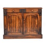 An early Victorian goncalo alves chiffonier base, the moulded top over single drawer and cupboard,