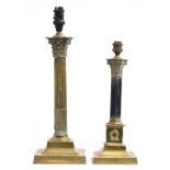 Two corinthian column table lamps, the shorter with reeded ebonised column, each on square stepped