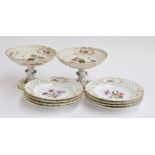 Two porcelain hand painted tazza dishes with floral spray design and pierced rims, 14cm high,