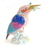 A Herend porcelain figure of a kingfisher holding a fish, 12.5cm high