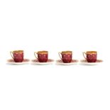 A set of four Coalport teacups and saucers, red and gilt design, retailed by Gilman Collamore &