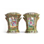 A pair of 19th century Chinese export Cantonese famille rose Bough pots and covers, hand painted