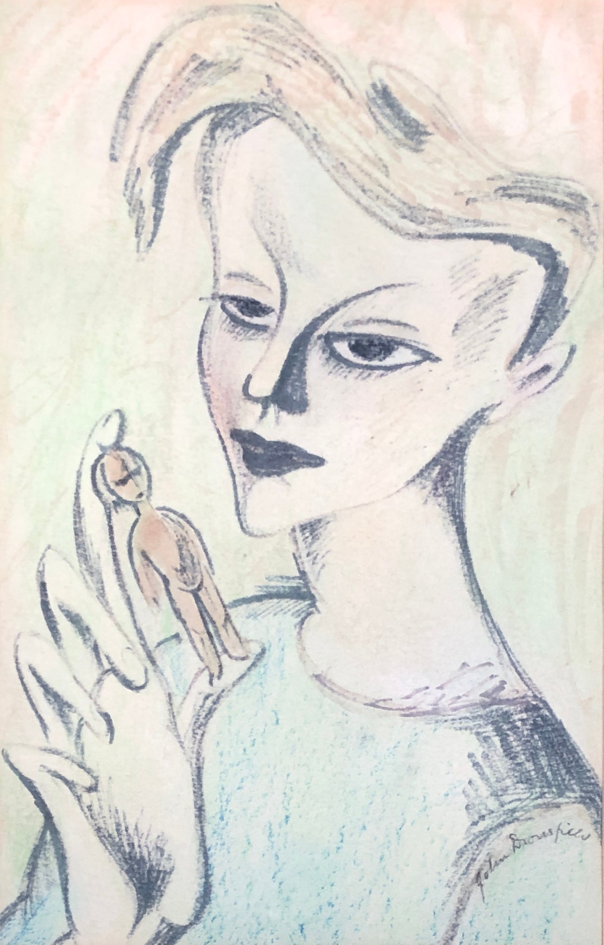 John Dronsfield (South African 1900-1951), woman with doll, coloured crayon, signed lower right,