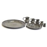 A large pewter charger, 38cm diameter, touchmarks to base including Britannia; one other smaller,