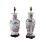 Two similar modern Chinese famille verte style table lamps, each fitted for electricity, 46 and 47cm