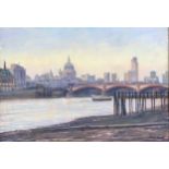 Julian Barrow (1939-2013), 'Bankside-Dusk', oil on canvas, label for Fine Art Society PLC, exhibited