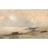 19th century British, boats on the shore, oil on canvas, 29x46.5cm