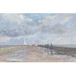 Geoffrey Burrows (British, b.1934), 'Fisherman Lowestoft Pier', oil on board, signed, 19x29cm