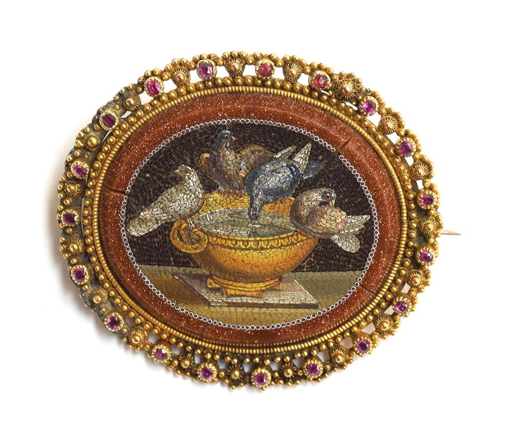 A fine 19th century Italian micro mosaic brooch depicting Pliny's doves, in a yellow metal classical - Image 2 of 5