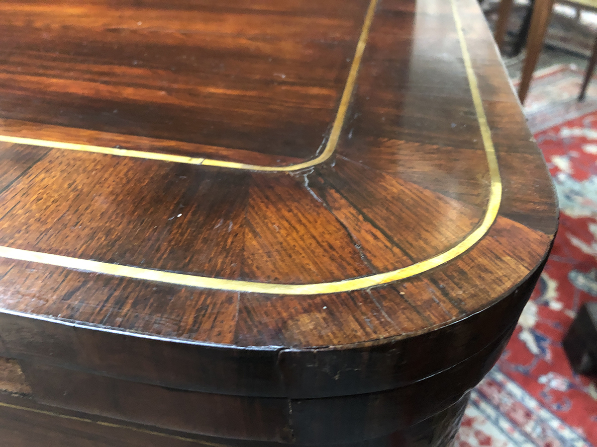 A George IV rosewood and brass inlaid card table, c.1825, the folding top enclosing a baize - Image 4 of 6