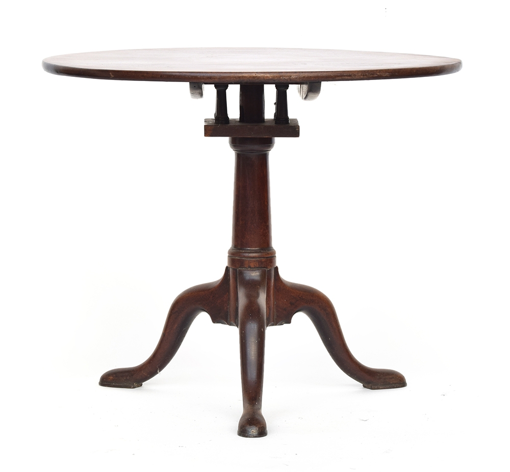 A George III mahogany tripod table, tip-top with birdcage action, gun barrel column support on three - Image 2 of 2