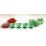 Four uranium glass trifle dishes, each 8.5cmH; together with various other coloured glassware