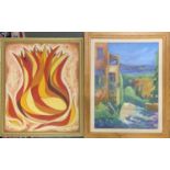 Oil on board of a continental landscape, 58x43cm; together with one other depicting stylised fire,