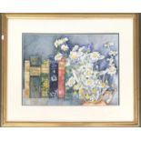 Rosemary Jeanneret, 20th century watercolour on paper, still life of books and daisies, signed and