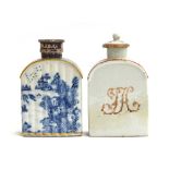 A Chinese export blue and white porcelain tea caddy with clobbered gilt decoration, with engraved