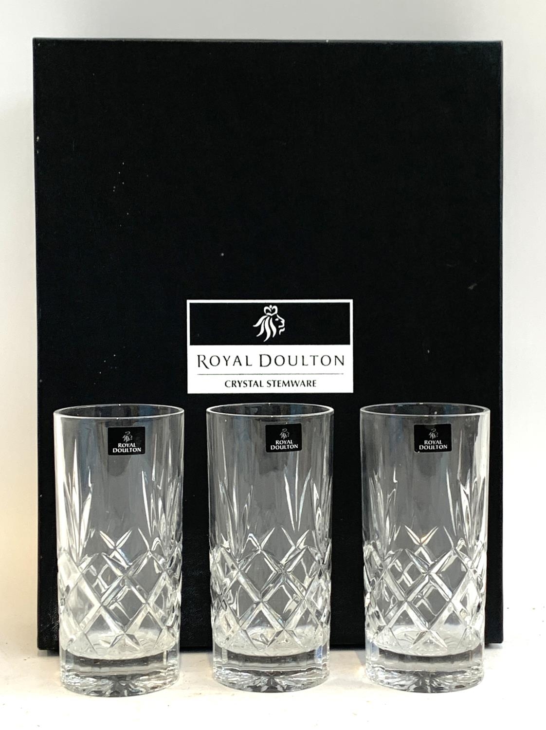 Three Royal Doulton crystal hi ball glasses, each 15cmL, in box