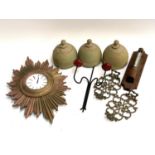 A mixed lot to include thermometer, Deco style wall clock, wrought iron wall sconce, etc