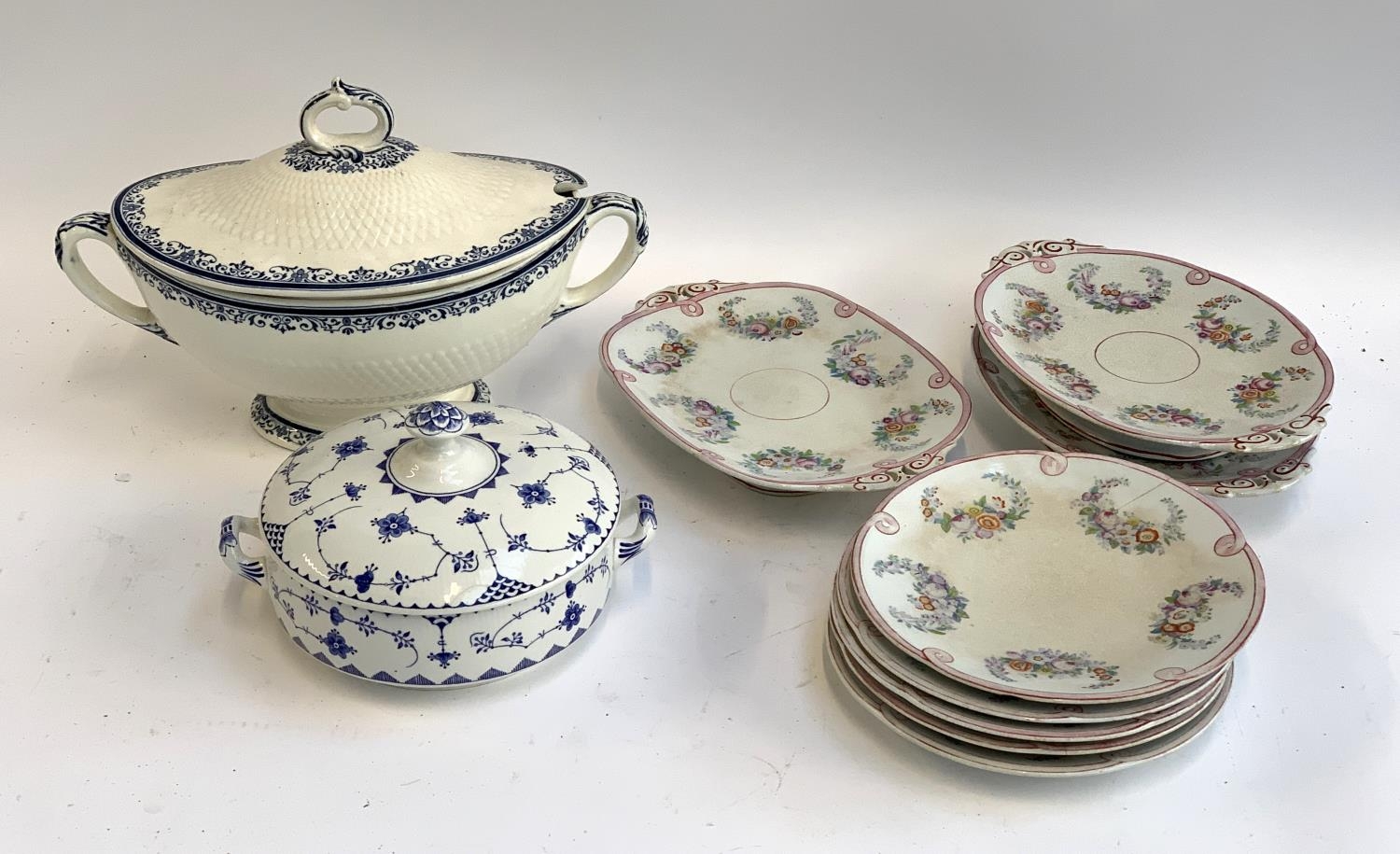 A large 19th century Mintons blue and white tureen, 40cmW; together with a quantity of Opaque