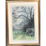 20th century, watercolour and gouache, 2 sheep and farm machinery under tree, signed C. J. Thornton,