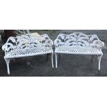 A pair of white painted aluminium fern leaf design garden benches, 108cmW