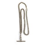 A silver fob chain, each link hallmarked, with T bar, approx. 43.4g