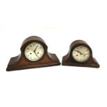 A mahogany mantel clock with barber's pole stringing, 43cmW, together with one other oak domed