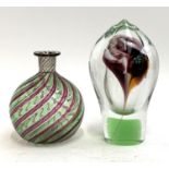 Two purple and green art glass vases, the taller 15.5cmH