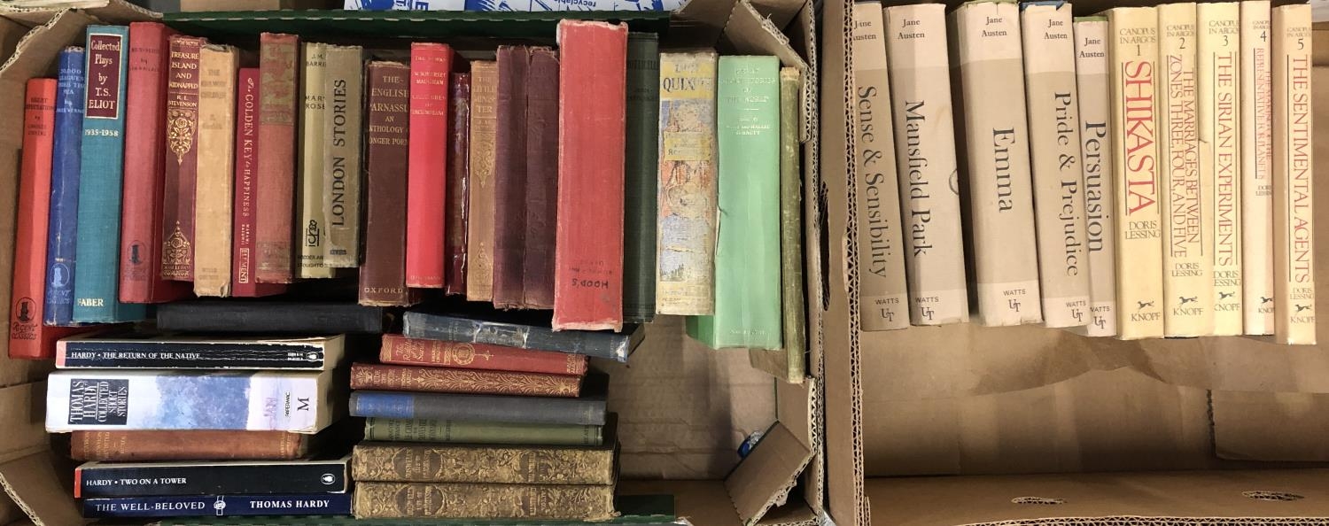 A box of good hardback books to include Jane Austen, R L Stevenson, Dickens, Hardy, etc