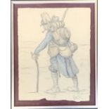 20th century, graphite and crayon on paper, sketch of a soldier with pipe, signed indistinctly,