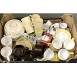 Two mixed boxes of ceramics to include yellow Staffordshire tableware teacups and saucers, Grindley,