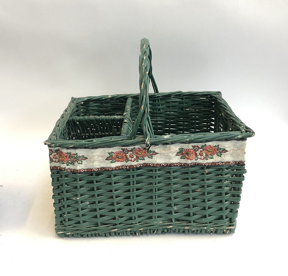 A green painted wicker picnic basket, 48cmW