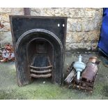 A Victorian cast iron fireplace, 60x91cmH; together with a fire grate; stair rods; etc