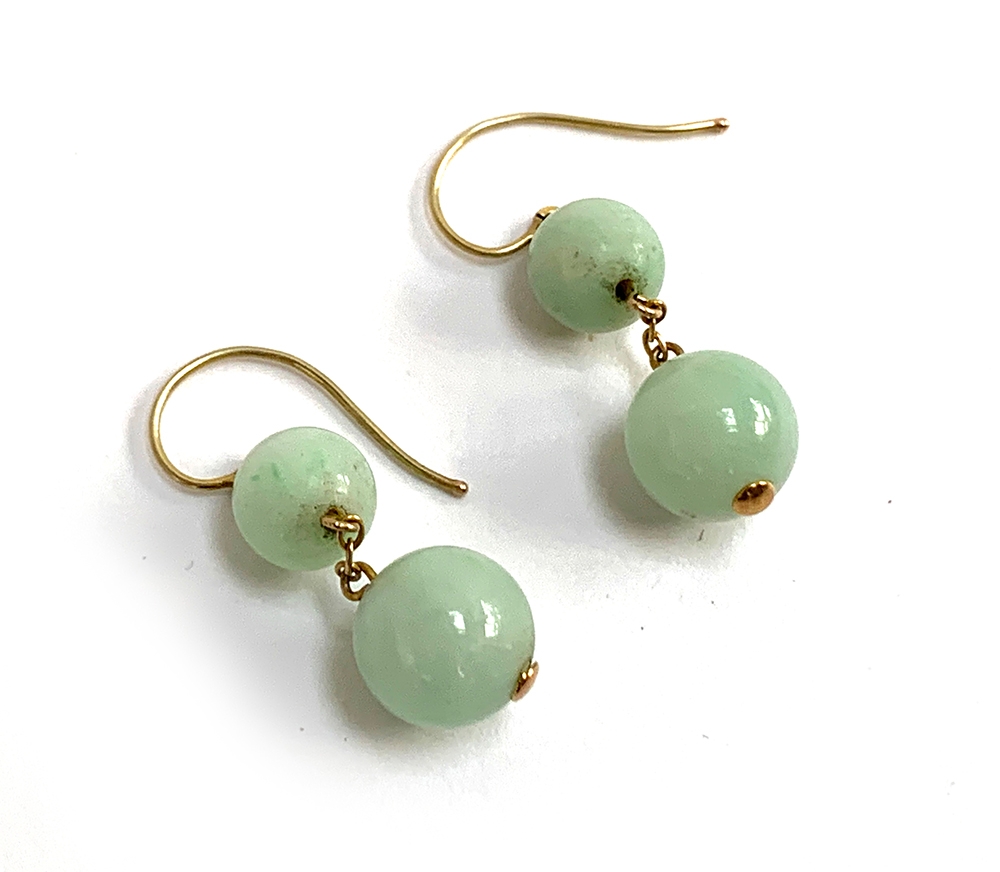 A pair of gold and celadon jade bead drop earrings, tests as 14ct or higher, 3cmL