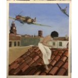 Nicholas Thompson (British, 1969-2016), untitled, man on tiled roof with spitfire, 122x91cm Thompson