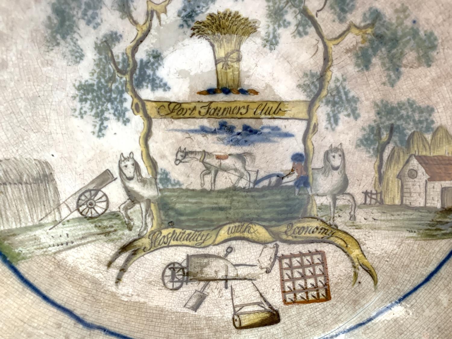 An 18th century English Delftware bowl, underglaze painted, bearing crest 'Port Farmer's Club, Hospi - Image 7 of 8