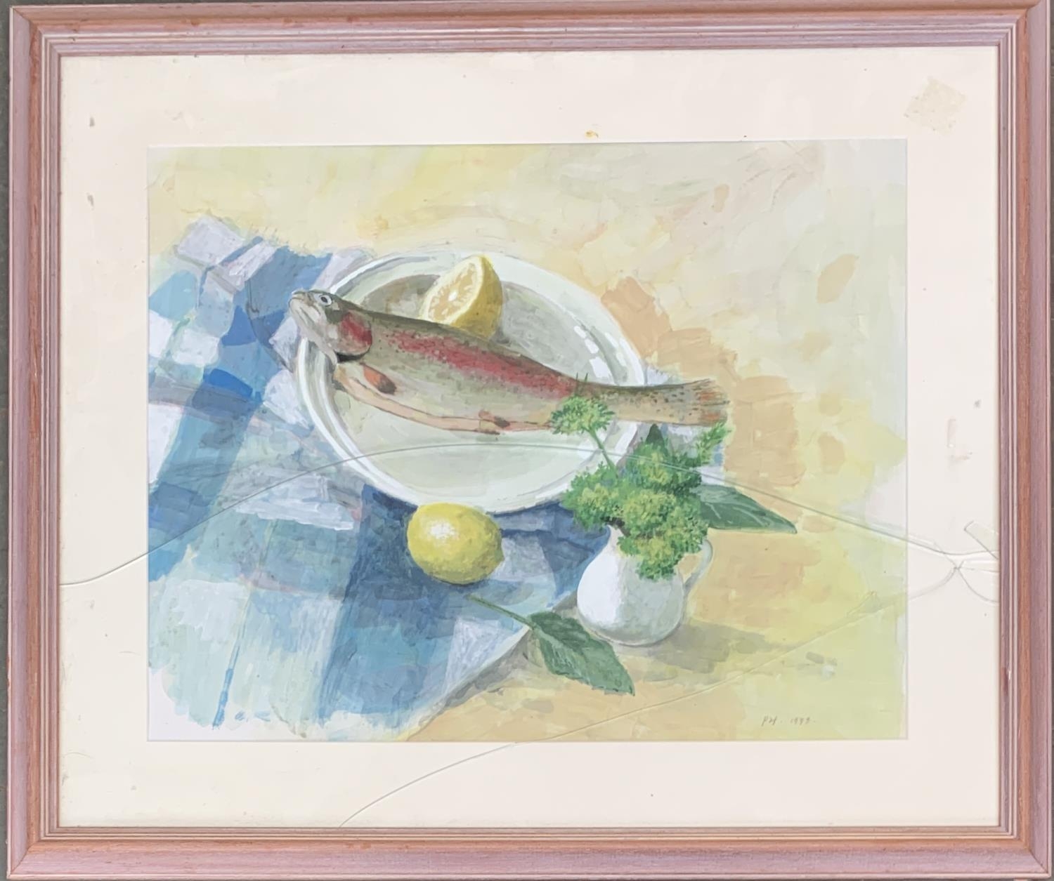 20th century watercolour, still life of trout with lemon, dated 1993, 38x48cm