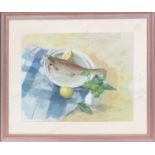 20th century watercolour, still life of trout with lemon, dated 1993, 38x48cm