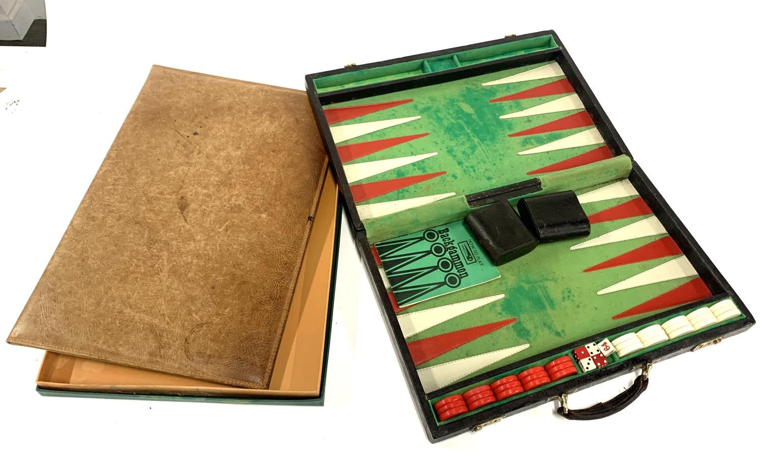 A Harrod's backgammon set, together with a leather folio