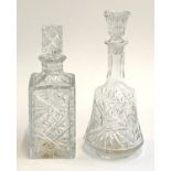 A square cut lead crystal decanter, 26cmH, together with one other