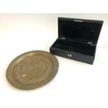 A navy Moroccan leather jewellery box with key and green velvet lining, 28cmW, together with a brass
