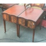 A pair of bedside tables, each with leather inset top and two drawers, on square tapered legs with