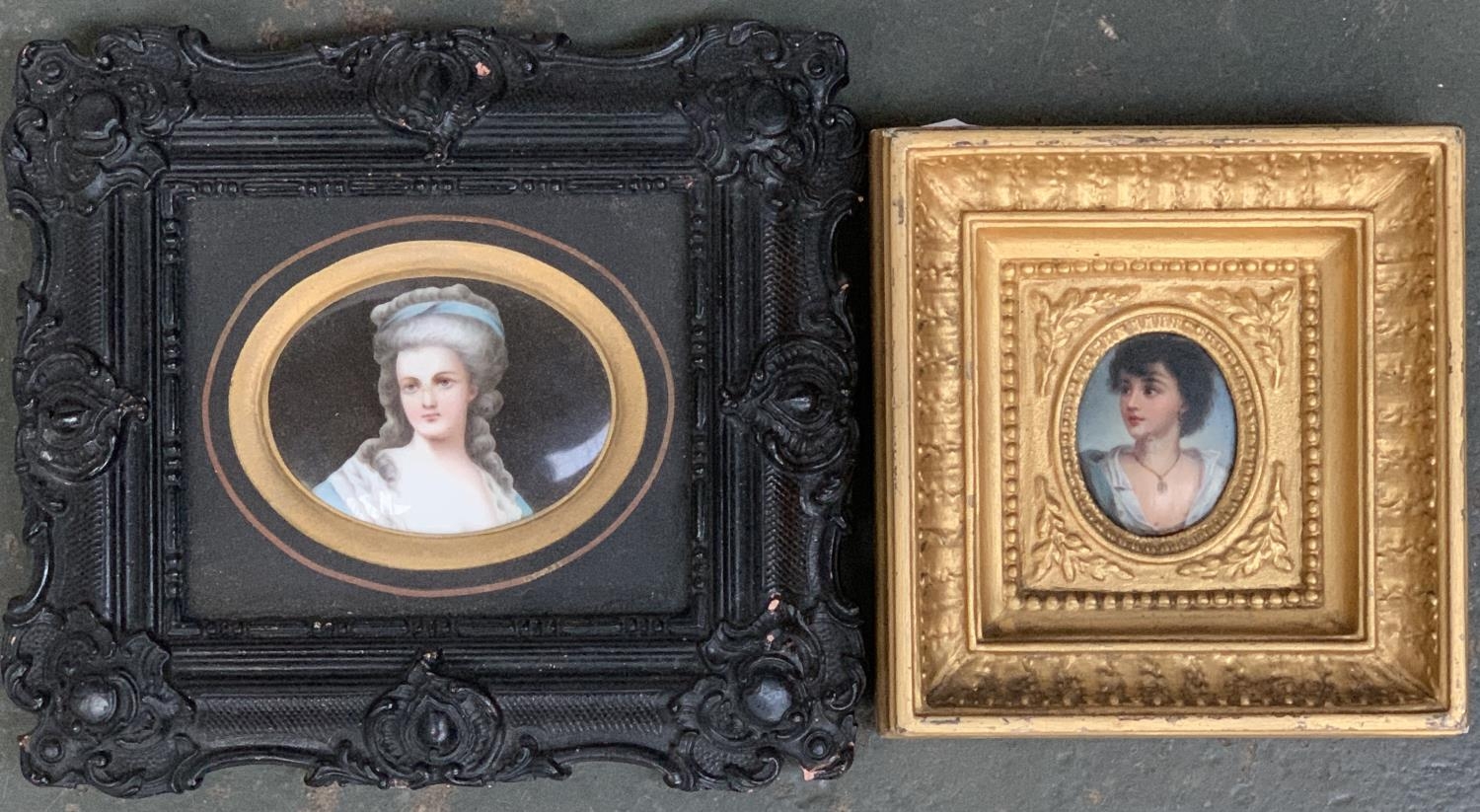 19th century, hand painted miniature on porcelain, 6.5x9cm, in an ornate frame, together with a