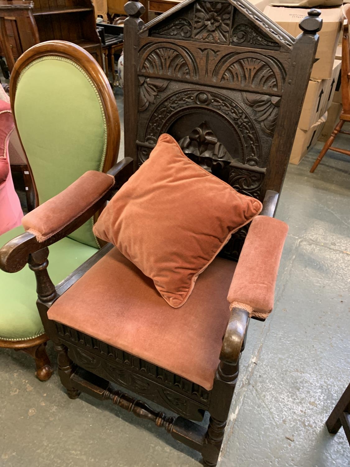 A Victorian oak open armchair, carved in the Jacobethan taste, with upholstered arms and seat, 56cmW - Image 2 of 2