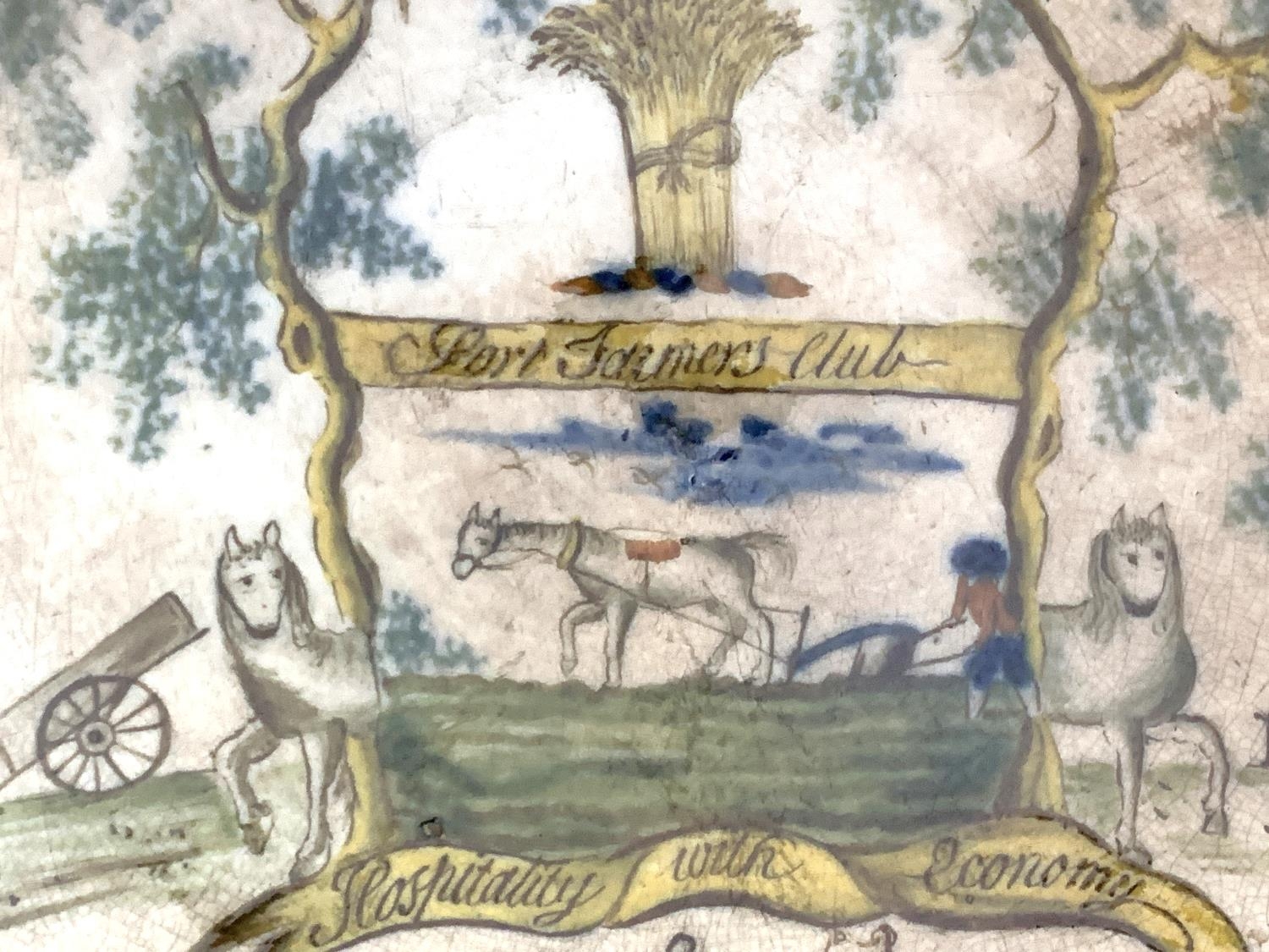 An 18th century English Delftware bowl, underglaze painted, bearing crest 'Port Farmer's Club, Hospi - Image 8 of 8