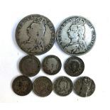 A small quantity of pre 1947 silver coins to include Victoria half crown 1889, 1890, four pence 1837